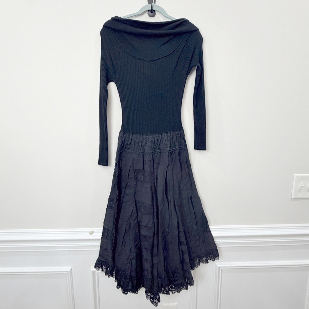 VTG CACHE Style Small Midi Dress Black LS Ribbed Knit Tiered Lace Sequin Goth - Picture 4 of 16